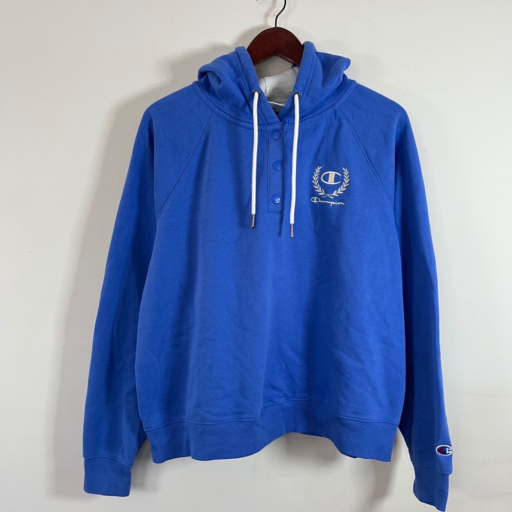Y2K Champion Henley Hoodie Sweatshirt Embroidered Logo Blue XL Athleisure - Picture 2 of 7